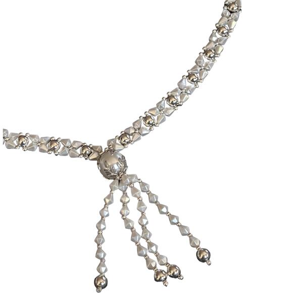 Vintage 80s Silver Beaded Tassel Necklace - White Crystal Drop Statement Piece - Picture 8 of 13